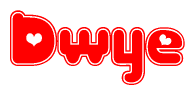 The image displays the word Dwye written in a stylized red font with hearts inside the letters.