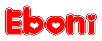 The image is a clipart featuring the word Eboni written in a stylized font with a heart shape replacing inserted into the center of each letter. The color scheme of the text and hearts is red with a light outline.
