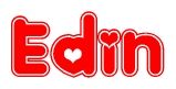 The image is a red and white graphic with the word Edin written in a decorative script. Each letter in  is contained within its own outlined bubble-like shape. Inside each letter, there is a white heart symbol.