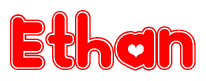 The image is a red and white graphic with the word Ethan written in a decorative script. Each letter in  is contained within its own outlined bubble-like shape. Inside each letter, there is a white heart symbol.