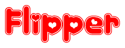 The image is a red and white graphic with the word Flipper written in a decorative script. Each letter in  is contained within its own outlined bubble-like shape. Inside each letter, there is a white heart symbol.