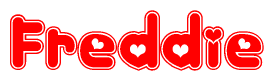 The image is a clipart featuring the word Freddie written in a stylized font with a heart shape replacing inserted into the center of each letter. The color scheme of the text and hearts is red with a light outline.