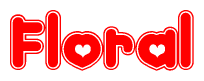 The image is a clipart featuring the word Floral written in a stylized font with a heart shape replacing inserted into the center of each letter. The color scheme of the text and hearts is red with a light outline.