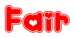 The image is a clipart featuring the word Fair written in a stylized font with a heart shape replacing inserted into the center of each letter. The color scheme of the text and hearts is red with a light outline.
