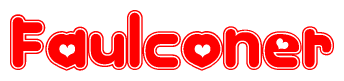 The image is a clipart featuring the word Faulconer written in a stylized font with a heart shape replacing inserted into the center of each letter. The color scheme of the text and hearts is red with a light outline.