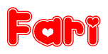 The image is a red and white graphic with the word Fari written in a decorative script. Each letter in  is contained within its own outlined bubble-like shape. Inside each letter, there is a white heart symbol.