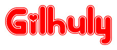 The image is a clipart featuring the word Gilhuly written in a stylized font with a heart shape replacing inserted into the center of each letter. The color scheme of the text and hearts is red with a light outline.