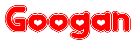 The image is a clipart featuring the word Googan written in a stylized font with a heart shape replacing inserted into the center of each letter. The color scheme of the text and hearts is red with a light outline.