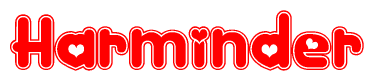 The image is a red and white graphic with the word Harminder written in a decorative script. Each letter in  is contained within its own outlined bubble-like shape. Inside each letter, there is a white heart symbol.