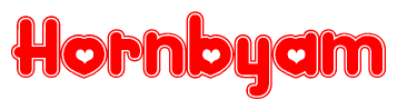 The image is a red and white graphic with the word Hornbyam written in a decorative script. Each letter in  is contained within its own outlined bubble-like shape. Inside each letter, there is a white heart symbol.
