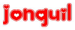 The image is a clipart featuring the word Jonquil written in a stylized font with a heart shape replacing inserted into the center of each letter. The color scheme of the text and hearts is red with a light outline.