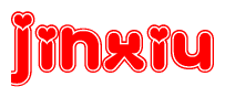 The image is a red and white graphic with the word Jinxiu written in a decorative script. Each letter in  is contained within its own outlined bubble-like shape. Inside each letter, there is a white heart symbol.