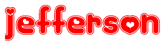 The image is a clipart featuring the word Jefferson written in a stylized font with a heart shape replacing inserted into the center of each letter. The color scheme of the text and hearts is red with a light outline.