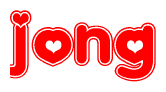 The image is a red and white graphic with the word Jong written in a decorative script. Each letter in  is contained within its own outlined bubble-like shape. Inside each letter, there is a white heart symbol.