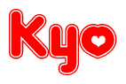 The image is a red and white graphic with the word Kyo written in a decorative script. Each letter in  is contained within its own outlined bubble-like shape. Inside each letter, there is a white heart symbol.