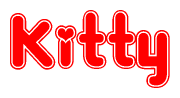 The image is a red and white graphic with the word Kitty written in a decorative script. Each letter in  is contained within its own outlined bubble-like shape. Inside each letter, there is a white heart symbol.