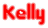 The image is a red and white graphic with the word Kelly written in a decorative script. Each letter in  is contained within its own outlined bubble-like shape. Inside each letter, there is a white heart symbol.