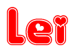 The image is a clipart featuring the word Lei written in a stylized font with a heart shape replacing inserted into the center of each letter. The color scheme of the text and hearts is red with a light outline.