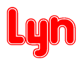 The image is a red and white graphic with the word Lyn written in a decorative script. Each letter in  is contained within its own outlined bubble-like shape. Inside each letter, there is a white heart symbol.