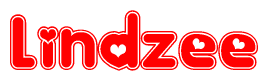 The image is a clipart featuring the word Lindzee written in a stylized font with a heart shape replacing inserted into the center of each letter. The color scheme of the text and hearts is red with a light outline.