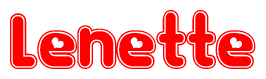 The image is a red and white graphic with the word Lenette written in a decorative script. Each letter in  is contained within its own outlined bubble-like shape. Inside each letter, there is a white heart symbol.