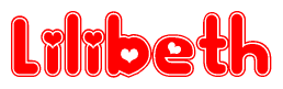 The image is a clipart featuring the word Lilibeth written in a stylized font with a heart shape replacing inserted into the center of each letter. The color scheme of the text and hearts is red with a light outline.