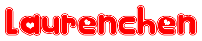 The image is a red and white graphic with the word Laurenchen written in a decorative script. Each letter in  is contained within its own outlined bubble-like shape. Inside each letter, there is a white heart symbol.