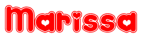 The image is a red and white graphic with the word Marissa written in a decorative script. Each letter in  is contained within its own outlined bubble-like shape. Inside each letter, there is a white heart symbol.
