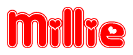 The image is a clipart featuring the word Millie written in a stylized font with a heart shape replacing inserted into the center of each letter. The color scheme of the text and hearts is red with a light outline.
