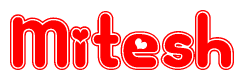 The image is a red and white graphic with the word Mitesh written in a decorative script. Each letter in  is contained within its own outlined bubble-like shape. Inside each letter, there is a white heart symbol.