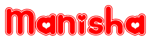 The image is a red and white graphic with the word Manisha written in a decorative script. Each letter in  is contained within its own outlined bubble-like shape. Inside each letter, there is a white heart symbol.