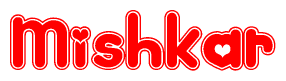 The image is a red and white graphic with the word Mishkar written in a decorative script. Each letter in  is contained within its own outlined bubble-like shape. Inside each letter, there is a white heart symbol.
