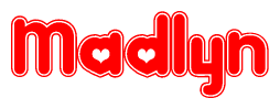 The image is a clipart featuring the word Madlyn written in a stylized font with a heart shape replacing inserted into the center of each letter. The color scheme of the text and hearts is red with a light outline.