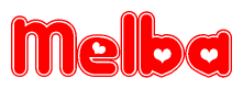 The image is a red and white graphic with the word Melba written in a decorative script. Each letter in  is contained within its own outlined bubble-like shape. Inside each letter, there is a white heart symbol.