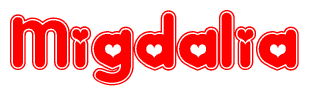The image is a red and white graphic with the word Migdalia written in a decorative script. Each letter in  is contained within its own outlined bubble-like shape. Inside each letter, there is a white heart symbol.