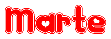The image is a clipart featuring the word Marte written in a stylized font with a heart shape replacing inserted into the center of each letter. The color scheme of the text and hearts is red with a light outline.