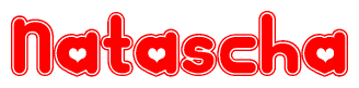The image is a red and white graphic with the word Natascha written in a decorative script. Each letter in  is contained within its own outlined bubble-like shape. Inside each letter, there is a white heart symbol.