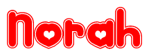 The image is a red and white graphic with the word Norah written in a decorative script. Each letter in  is contained within its own outlined bubble-like shape. Inside each letter, there is a white heart symbol.