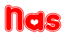 The image is a red and white graphic with the word Nas written in a decorative script. Each letter in  is contained within its own outlined bubble-like shape. Inside each letter, there is a white heart symbol.