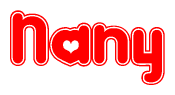 The image is a red and white graphic with the word Nany written in a decorative script. Each letter in  is contained within its own outlined bubble-like shape. Inside each letter, there is a white heart symbol.