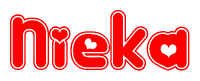 The image is a red and white graphic with the word Nieka written in a decorative script. Each letter in  is contained within its own outlined bubble-like shape. Inside each letter, there is a white heart symbol.