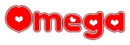 The image is a clipart featuring the word Omega written in a stylized font with a heart shape replacing inserted into the center of each letter. The color scheme of the text and hearts is red with a light outline.