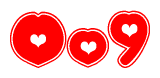 The image is a clipart featuring the word Oo9 written in a stylized font with a heart shape replacing inserted into the center of each letter. The color scheme of the text and hearts is red with a light outline.