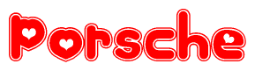 The image displays the word Porsche written in a stylized red font with hearts inside the letters.