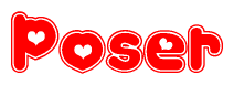 The image is a clipart featuring the word Poser written in a stylized font with a heart shape replacing inserted into the center of each letter. The color scheme of the text and hearts is red with a light outline.