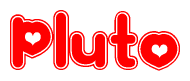 The image is a red and white graphic with the word Pluto written in a decorative script. Each letter in  is contained within its own outlined bubble-like shape. Inside each letter, there is a white heart symbol.