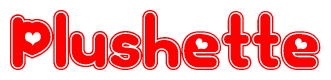 The image displays the word Plushette written in a stylized red font with hearts inside the letters.