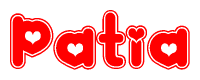 The image is a clipart featuring the word Patia written in a stylized font with a heart shape replacing inserted into the center of each letter. The color scheme of the text and hearts is red with a light outline.