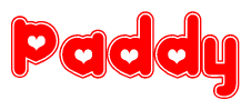 The image is a clipart featuring the word Paddy written in a stylized font with a heart shape replacing inserted into the center of each letter. The color scheme of the text and hearts is red with a light outline.