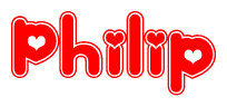 The image is a clipart featuring the word Philip written in a stylized font with a heart shape replacing inserted into the center of each letter. The color scheme of the text and hearts is red with a light outline.